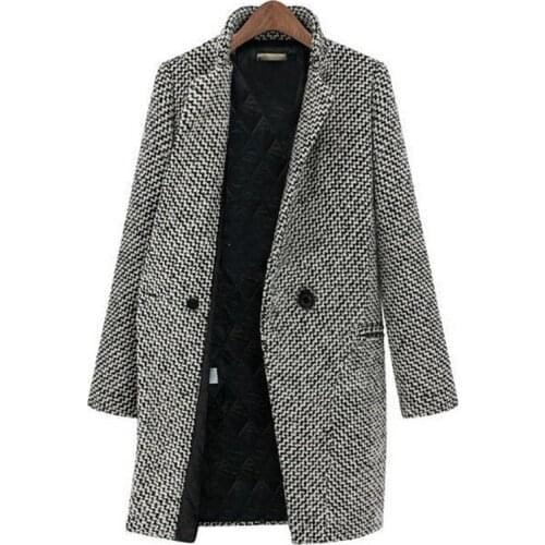 Winter Women Houndstooth Woolen Coats Single Breasted Stand Collar Mid Long Overcoat Thick Warm Elegant Lady Blends