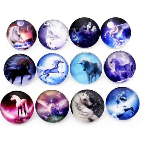 Newest 10pcs/lot Unicorn Snap Buttons horse Charms 18mm Print Glass Buttons Fit DIY Snap Bracelets&Bangle Woman Jewelry