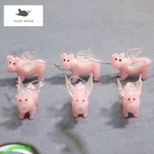 6pcs Decorative Figurines Miniature Murano Glass Pink Flying Pig Ornaments Home Decor Accessories Handmade Cute Animals Pendants