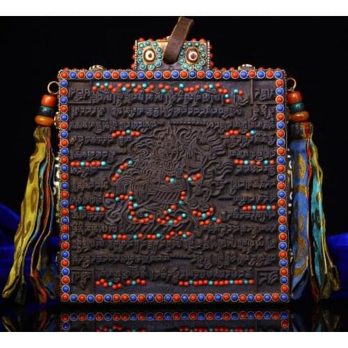 8" Tibet Buddhism Old Bodhi root mosaic gem Dzi Bead Tianma statue Prayer flags Old scripture Exorcism Ward off evil spirits