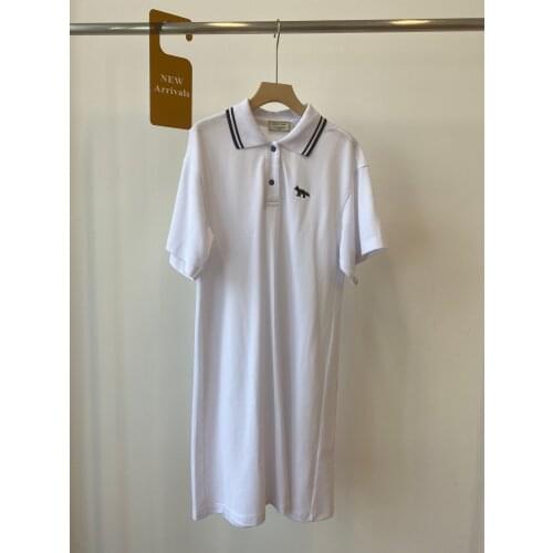 High Quality Little Fox Embroidery Striped Polo Lapel T-Shirt Dress White Dress
