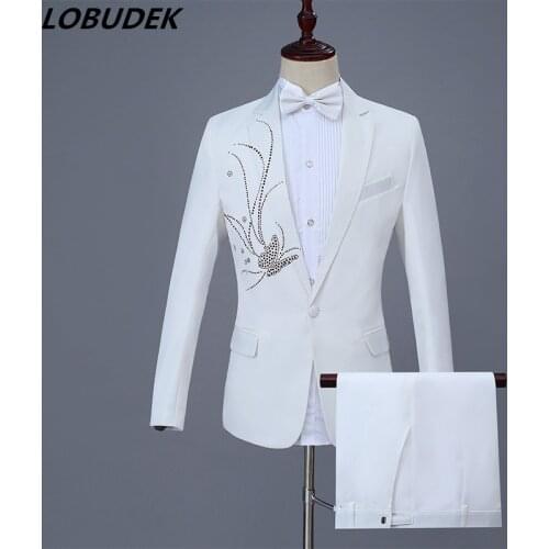 Shining Crystals White Male Suits Adult Costume Bar Singer Stage Chorus Outfit Prom Party Host Wedding MC Performance Clothes