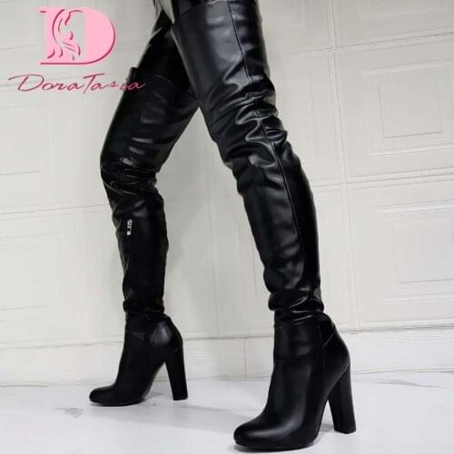 DoraTasia Brand Design Ladies Thick High Heels Over The Knee Boots Fashion Zip Thigh High Boots Women Sexy Party Shoes Woman