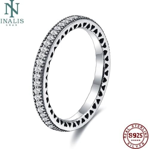 INALIS 925 Sterling Silver Hearts Ring 5A Clear Cubic Zircon Fine Stackable Vintage Classic Luxury For Women Engagement Jewelry