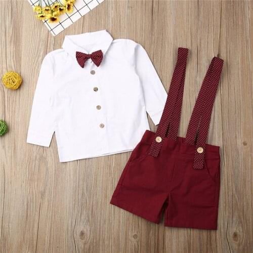 Toddler Baby Boys Girls clothes bow solid turn-down collar long sleeve T-shirts strap Button pocket Geometry Overalls 2pc Outfit