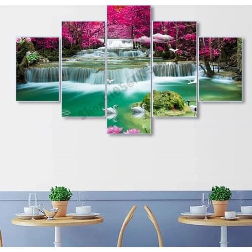 Multi-Panel Diamond Painting Complete novelty Waterfall swans Picture diamond embroidery 5 piece set landscape mosaic GG5092