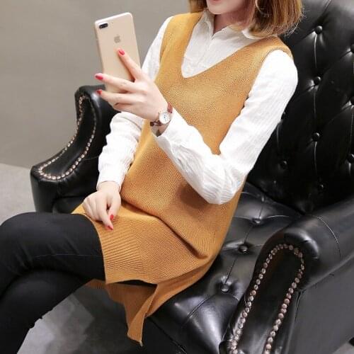 2021 spring and Autumn New Korean jacket loose V-Neck Sweater Vest womens mid long Pullover knitting