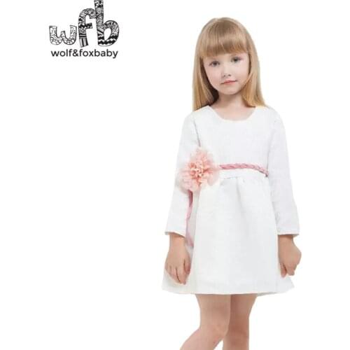 Retail 1-12 years dress full-sleeves o-neck Flowers Belts solid color fashion kids children spring autumn fall winter