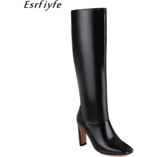 ESRFIYFE Brand Shoes Fashion Square Toe Knee High Boots Women Boots Microfiber High Heel Long Boots Autumn Winter Ladies Shoes