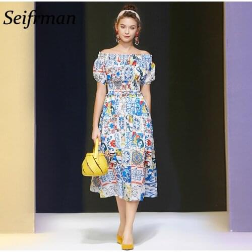 Seifrmann Women Summer Fashion Designer Party A-Line Dress Elastic Waist Sexy Slash neck Vintage Printed Ladies Midi Dress 2021