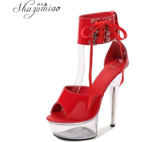 SHUZUMIAO Newly Arrived Women Pumps Cross Strap Design Sexy High Heels Transparent Platform Thin High-heeled Sandals Plus Size