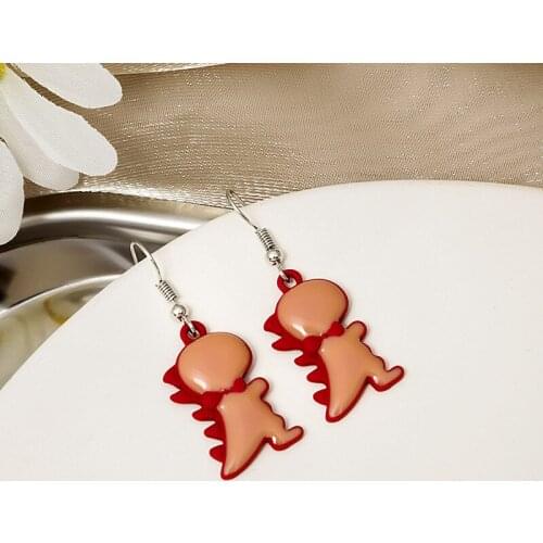 U-Magical Korean Cute Contrasted Dinosaur Dangle Earring for Women Red Cartoons Spray Metal Hook Earring Jewelry Accessories