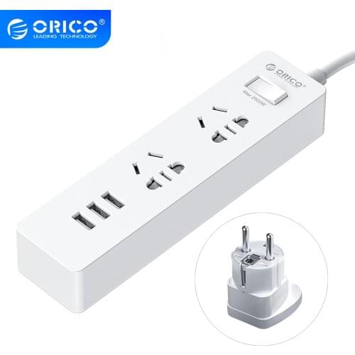 Orico Power Strip 1.5m Cable Electrical Socket Plug 250V 2500W 5V 2.4A 3USB Ports with EU Plug Adapter Extension Power Strip