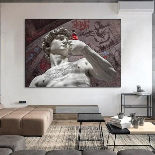 Vintage Tattooed David Drinking Canvas Painting Black and White Figure Sculpture Posters and Prints Wall Pictures for Home Decor