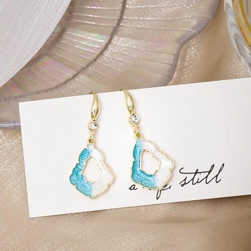 VSnow Korean Fashion Blue Contrasted Geometrical Dangle Earring for Women Hollow Metallic Rhinestone Earring Jewelry Pendientes