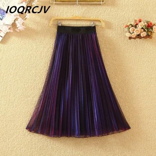 2019 Spring Joker Thin Mesh Gauze A-Line High Waist Fashion Elegant Pleated Long Skirt Vintage Women Metallic Skirt Female Q226