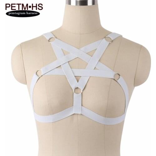 Womens Pentagram Harness Bondage Body Cage Lingerie Black Elastic Hollow Out Tops Strappy bra Goth Fetish Exotic Party Club Wear