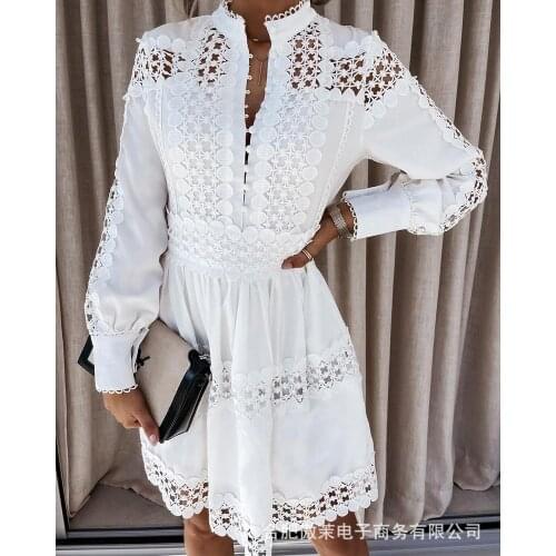 Womens hollow pattern stitching long-sleeved shirt dress