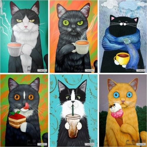 3D DIY Diamond Embroidery,5D Diamond Painting,Diamonds Mosaic Animal Full Rhinestone Cross Stitch,Decor Cat Drinking Coffee