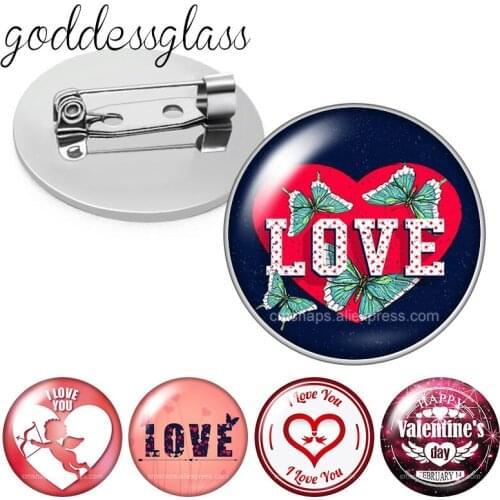 Love hearts Valentines Day Gift Lover I Love You Cupid Round Glass cabochon Brooch Dome Photo Jewelry Brooches Pin For Gift