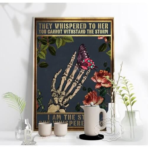 Black You Cant Withstand The Storm Retro Wall Poster Butterfly Flower Skeleton Art Prints Bar Pub Club Home Terror Decor Gift