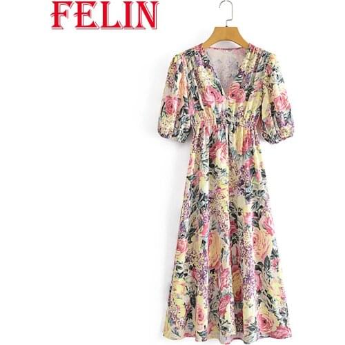 FELIN Za Vintage New 2021 Summer Dress Women V Neck Weaving Flower Print Puff Sleeve Sweet Maxi Dress Chic Mujer Vestidos