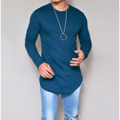 Mens Slim Fit O Neck Long Sleeve Muscle Tee Hipster T-shirt Casual Tops Blouse Hip Hop Basic Curved Hem T Shirt Fall