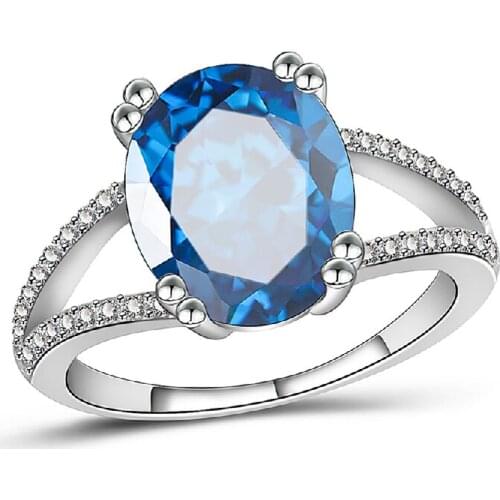 Trendy Women Rings 925 Silver Jewelry Oval Shape Sapphire Zircon Gemstone Finger Ring Ornaments for Female Wedding Promise Party