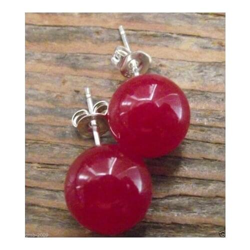 Fashion Handmade 10mm Red Jade Ruby Round 925 Sterling Silver Stud Earrings