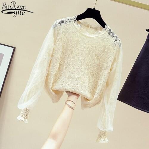Sweet Women Lace Blouse Fashion Button Transparent Mesh White Shirt Female See-through Lantern Long Sleeve Blouse Blusas 11142