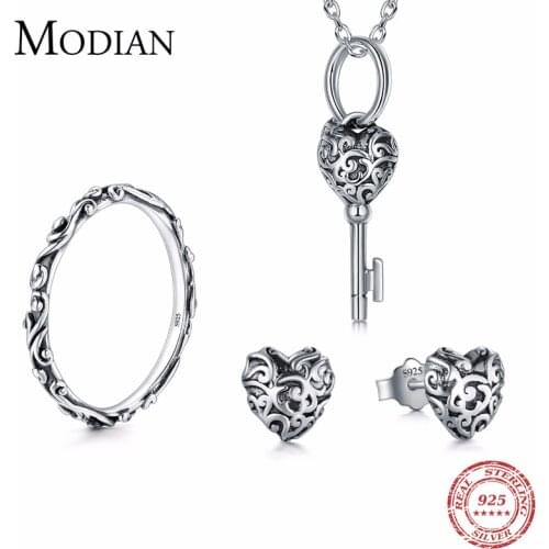 Modian 100% Real 925 Sterling Silver Vintage Jewelry Sets Classic Fashion With Ring Necklace Pendant For Women Wedding Jewelry