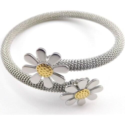 Fashion Women Gold Titanium Steel Plant Sunflower Clasp Twisted Cable Wire Bracelets Cuff Bangles Jewelry