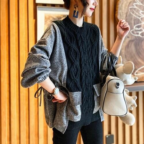 2021 new Pullover lazy wind short loose outer wear fake two-piece suit Korean fashion knitted sweater women