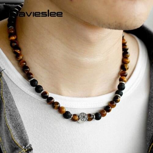 Natural Tiger Eye Necklace for Men Women Stone Lava Bead Choker Beaded Charm Stainless Steel 18inch Necklace Link LDNM22