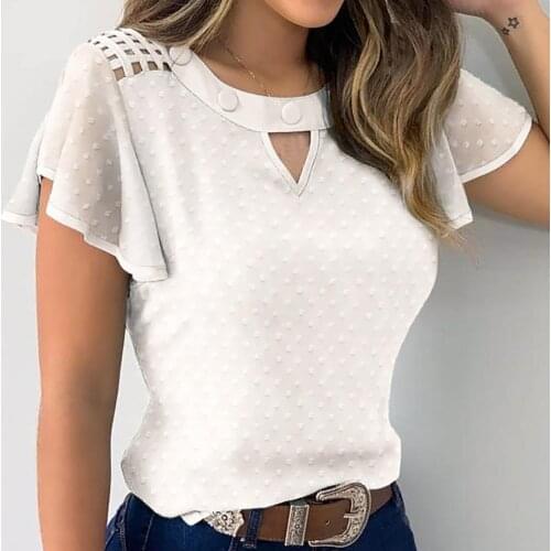 Women Shirt Hollow Out V Neck Ruffle Dot Print Ruffled Sleeve Floral Shirt Top Womens Summer Shirt Plus Size 2XL