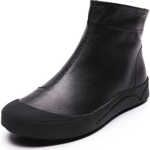 2021 Autumn Winter Genuine Leather Flat Ankle Boots for Women Warm Boots Female Side Zipper Soft Comfortable Cow Leather Botas