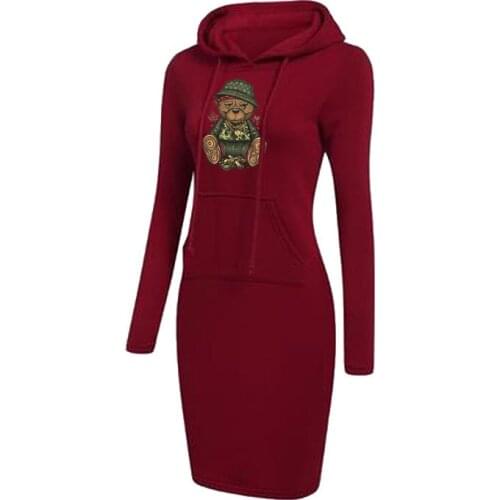 2021 Women Hoodies Dress Autumn Hat Bear Print Hooded Sweatshirt Female Harajuku Pullover Long Sleeve Tops Trendy Lady Clothing