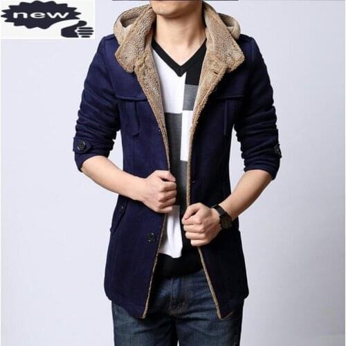 Winter Fleece Lined Wool Trench Coat Korean Style Slim Fit Thick Warm Windbreaker Fashion Hooded Jacket Men Plus Size 5XL