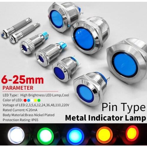 1pc 6 8 10 12 16mm Waterproof IP67 Metal LED Warning Indicator Light Signal Lamp Pilot Wire 3V 5V 12V 24V 110V 220V