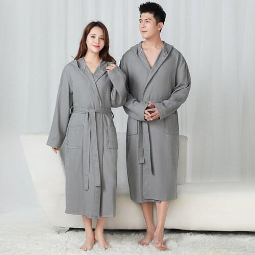 100% Waffl Cotton Hooded Long Robe Gown Unisex lovers Soft Bath Robe Men And Women Nightrobe Sleepwear Male Home Bathrobe