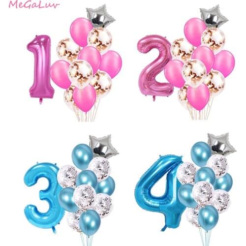 12PCS Pink Blue 40inch Number Foil Balloons Large Helium Globos Confetti Latex Balloons Kids 1st Birthday Party Decor Boy Girl
