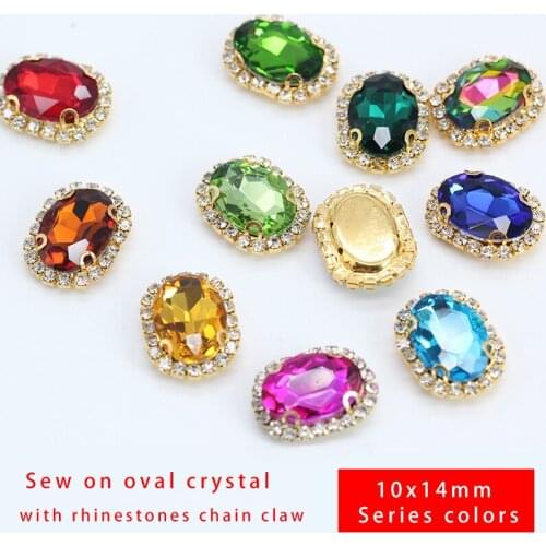 15p 10x14mm oval color sewing on Bridal Wedding Dress Applique Crystal glass Flatback Rhinestones jewels gold setting trim beads