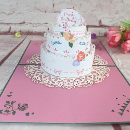 3D Handmade Flower White Cream Birthday Cake Paper Invitation Greeting Cards PostCard Kids Birthday Party Creative Gift