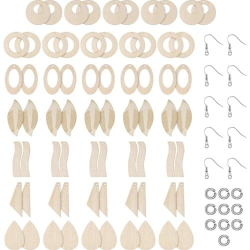 70 Pcs/Set Unfinished Wooden Earrings Blanks with Ear Hooks Opening Ring Jewelry Pendants Making DIY Crafts