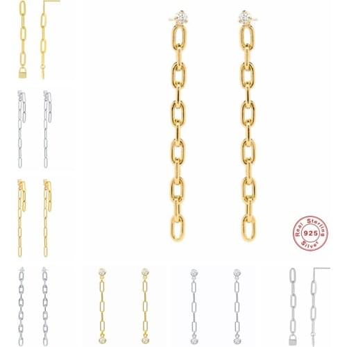 Aide 925 Sterling Silver Gold Long Oval Locker Link Chain Dangle Earrings For Women Cubic Zirconia Drop Earring Punk Jewelry
