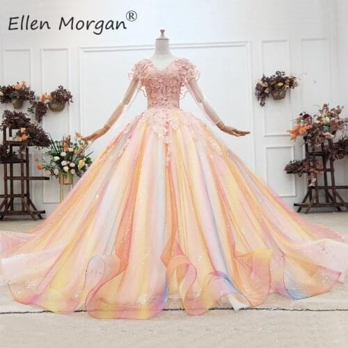 Arabic Colorful Wedding Dresses Princess Bridal Ball Gowns Long Sleeves Applique Tulle Real Picture Vestidos De Novia 2021