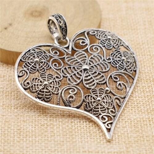 Free shipping 4pcs 74x63mm antique silver Carved peach heart charms diy retro jewelry fit Earring keychain hair card pendant