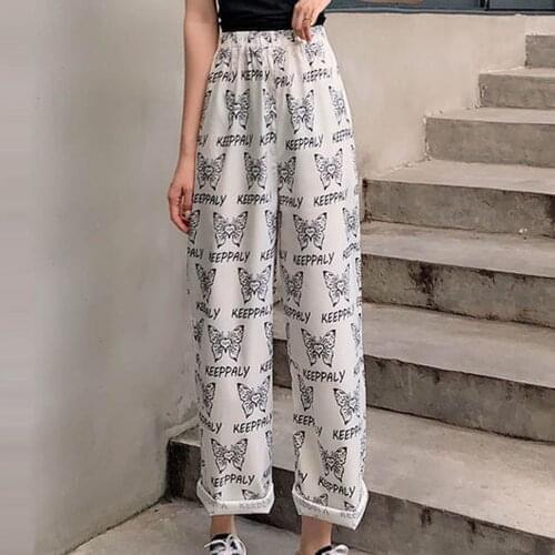 Vintage Elegant Black Pants Gothic Harajuku Butterfly Print Long Pant Women Punk Streetwear Fitness High Waist Trouser#h3