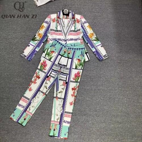 Qian Han Zi designer fashion suit Long-sleeved Single Button coat+pattern print trousers two piece set of women casual 2021