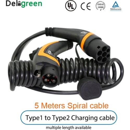 J1772 Type 1 to Type 2 IEC62196 16A 32A for EV Charging station With Spiral Cable 5 Meter TUV/UL Single phase